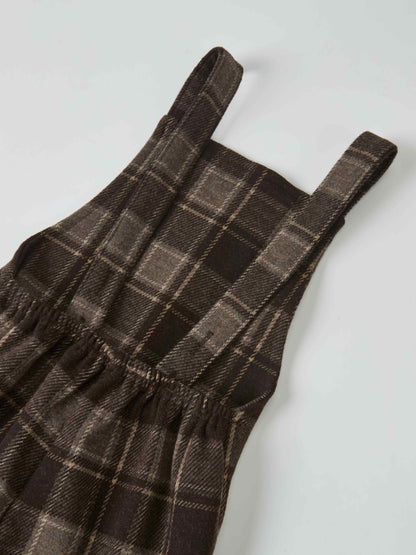 Adee plaid brown dressy boys overalls with adjustable shoulder straps, elastic waist, soft fabric