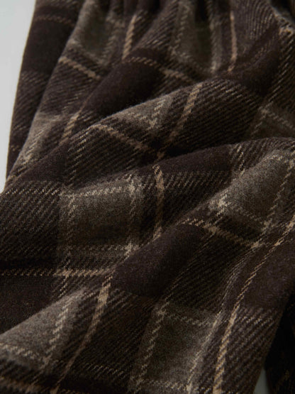 Plaid Overalls - Brown fabric close-up with a soft, textured weave