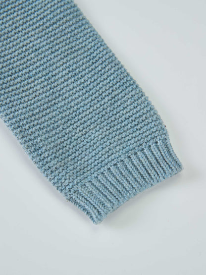 Cropped cardigan for boys in slate blue; dressy knit top with ribbed cuffs