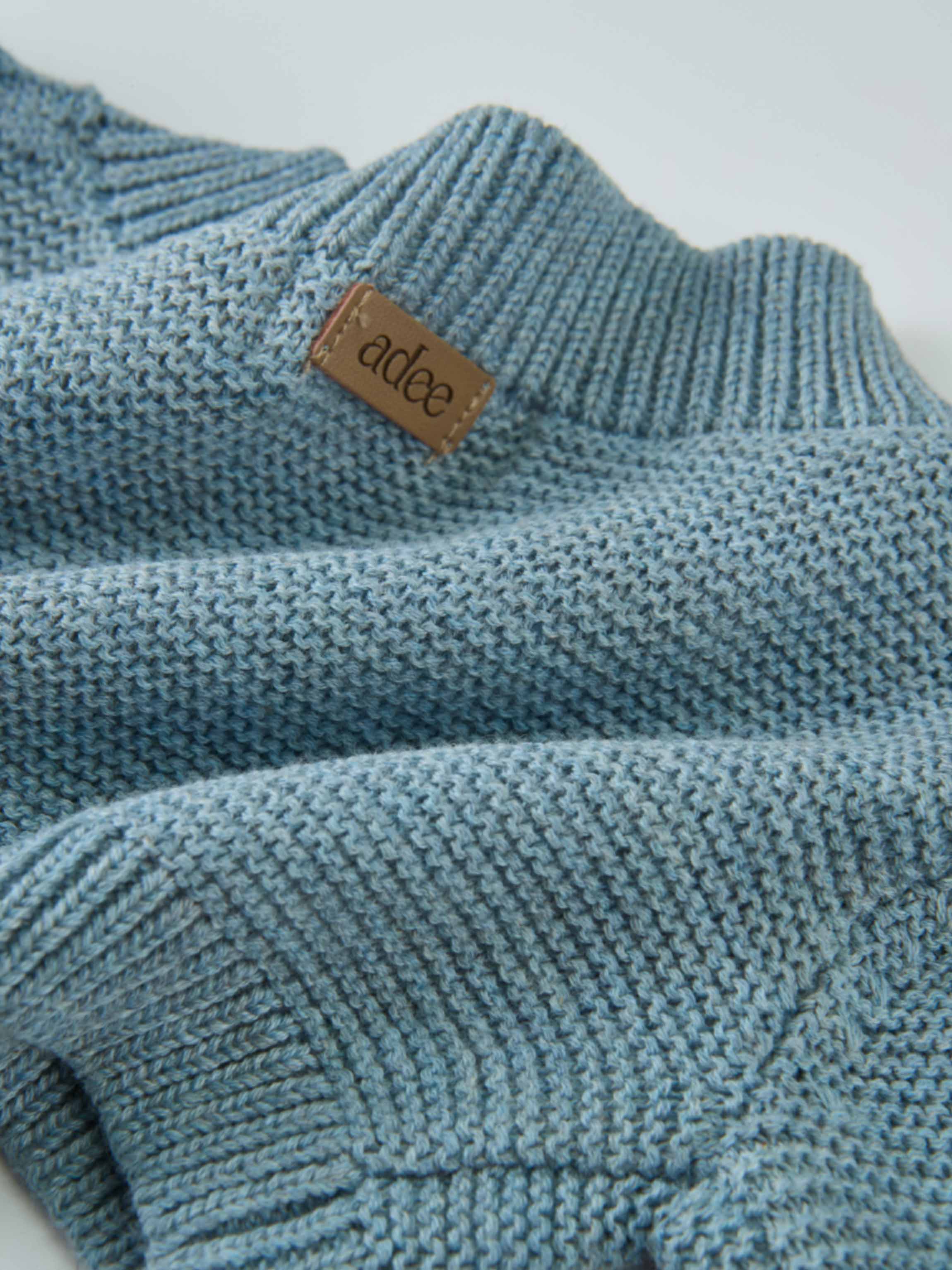 Cropped Cardigan for boys in slate blue; Adee knit top with brand label.