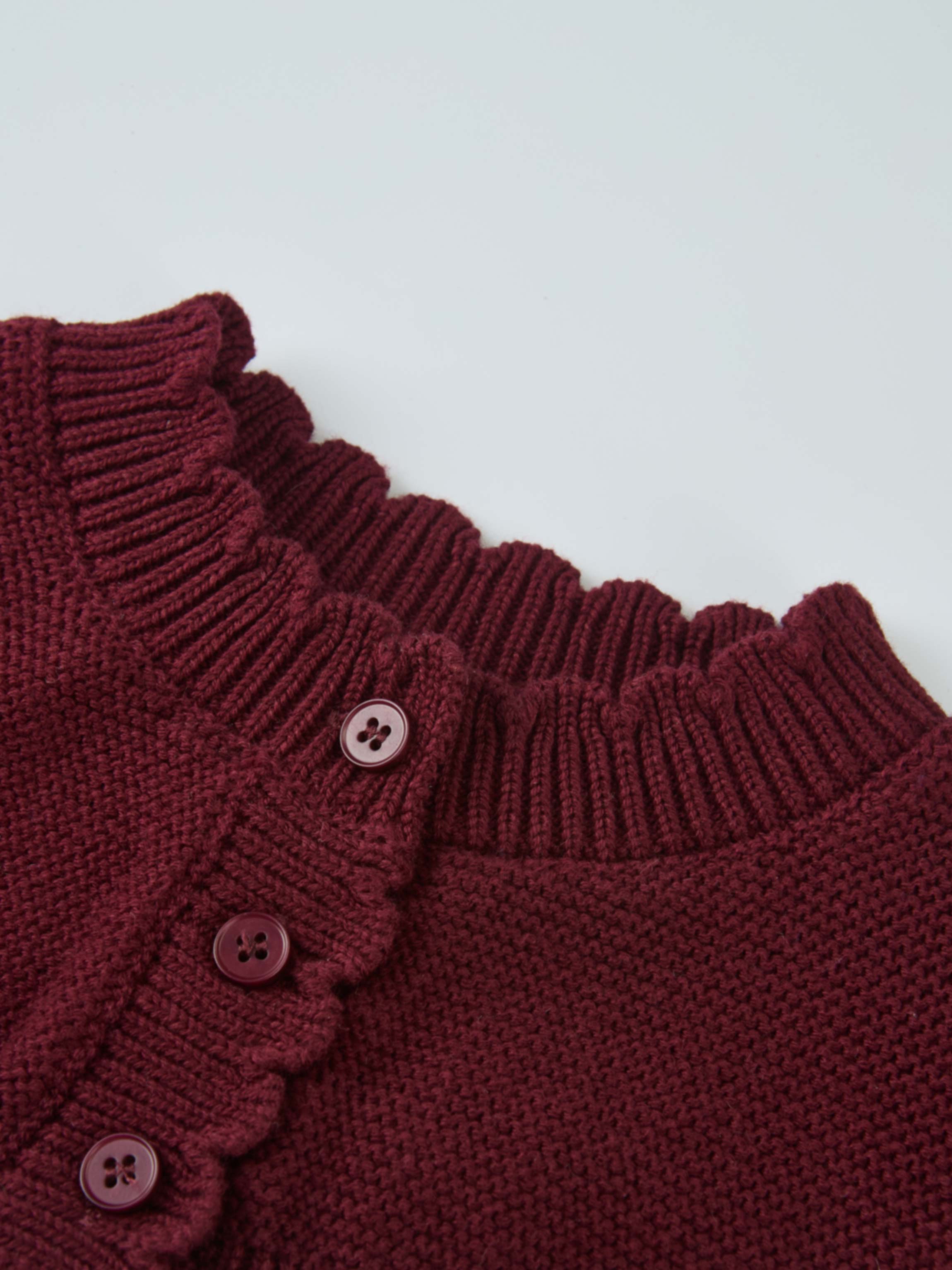 Cropped cardigan burgundy by Adee; unisex dressy knit with ribbed collar and button front.