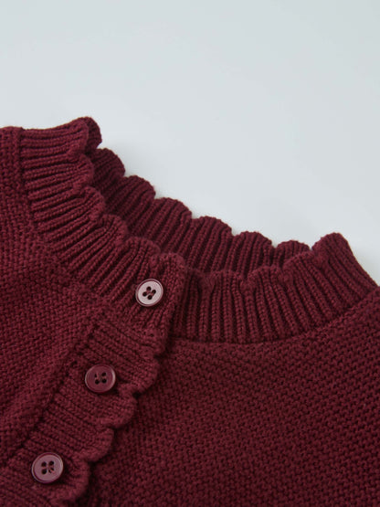 Cropped cardigan burgundy by Adee; unisex dressy knit with ribbed collar and button front.
