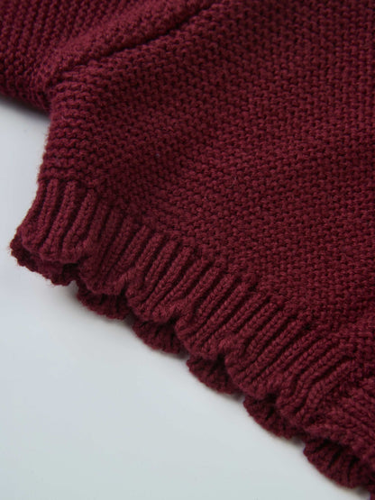 Cropped cardigan in burgundy knit fabric; unisex dressy top.