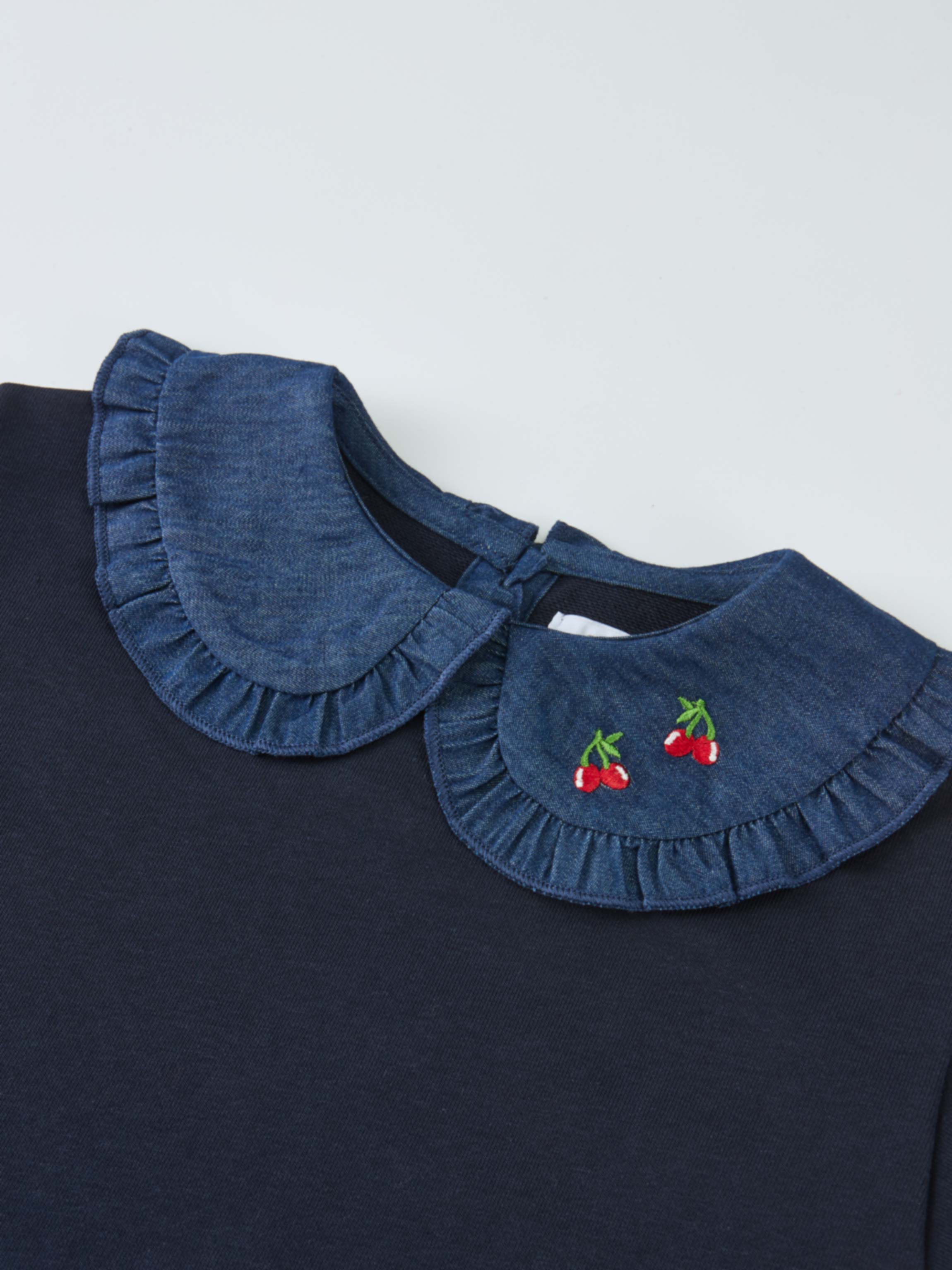Denim Cherry Collar Dress for girls by Adee; navy dress with a frilled denim collar and cherry embroidery.
