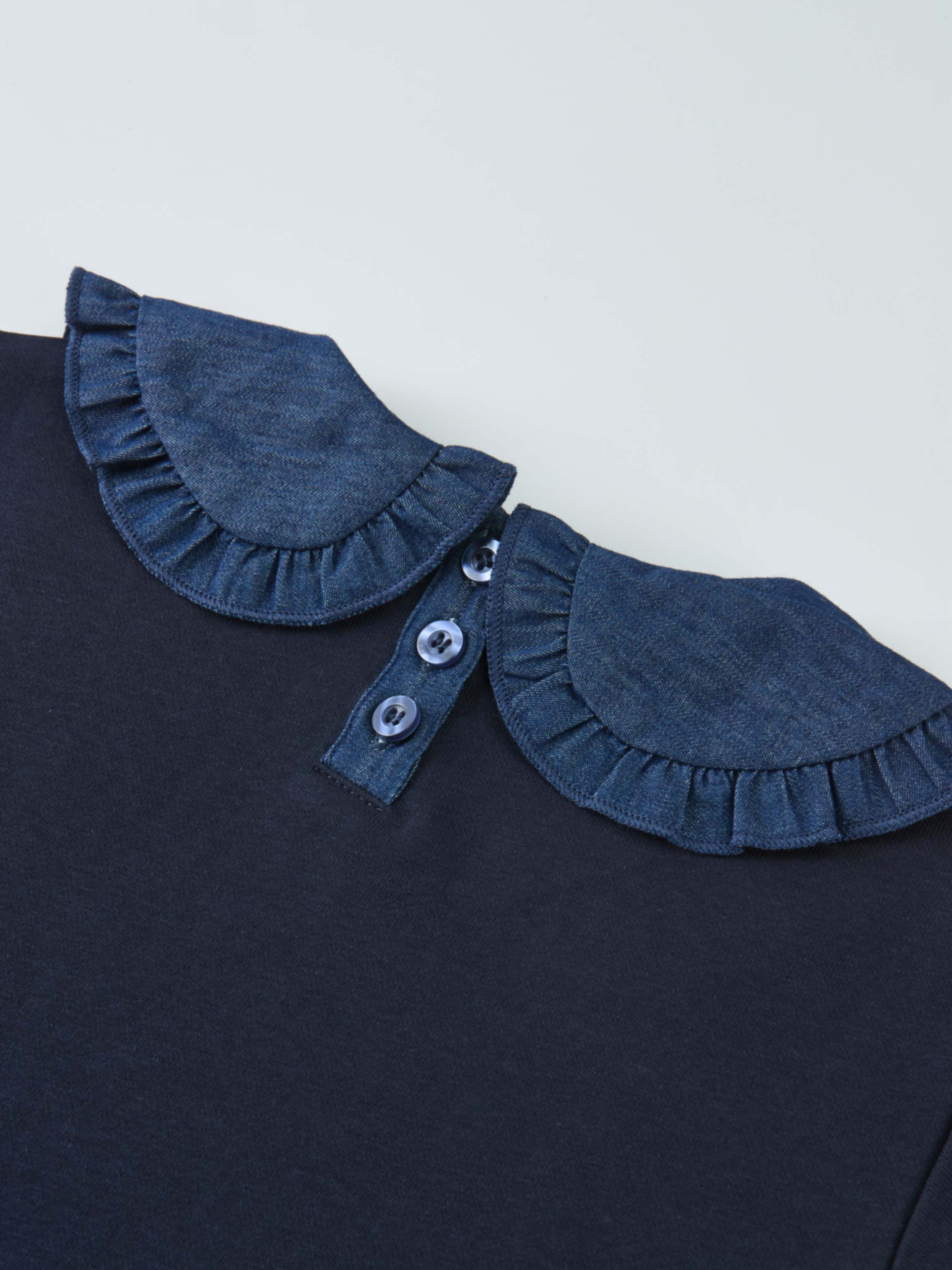 Denim Cherry Collar Dress for girls with navy body and denim ruffled collar and button placket.