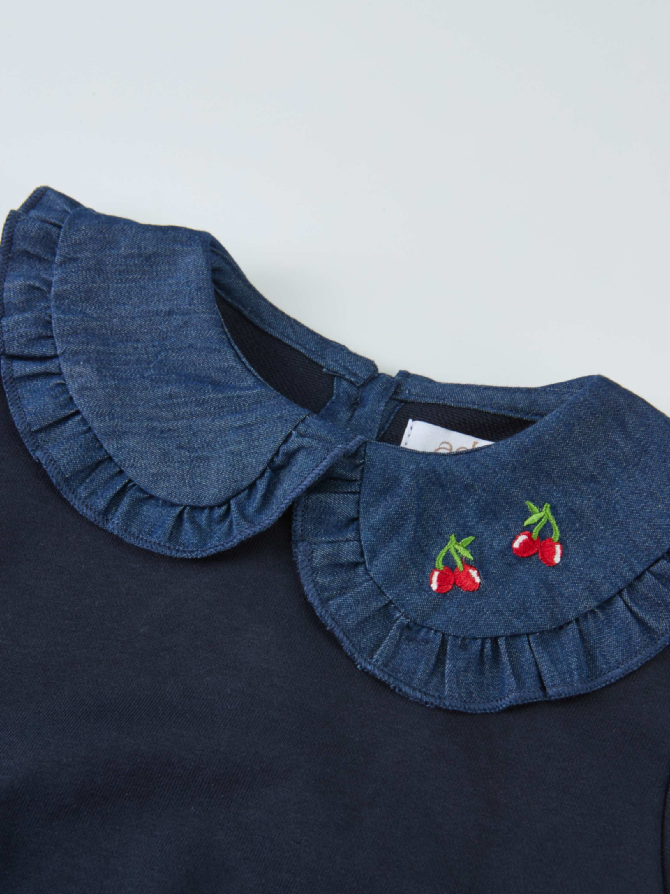 Denim Cherry Collar Sweatshirt for girls, navy top with a denim flutter collar and cherry embroidery