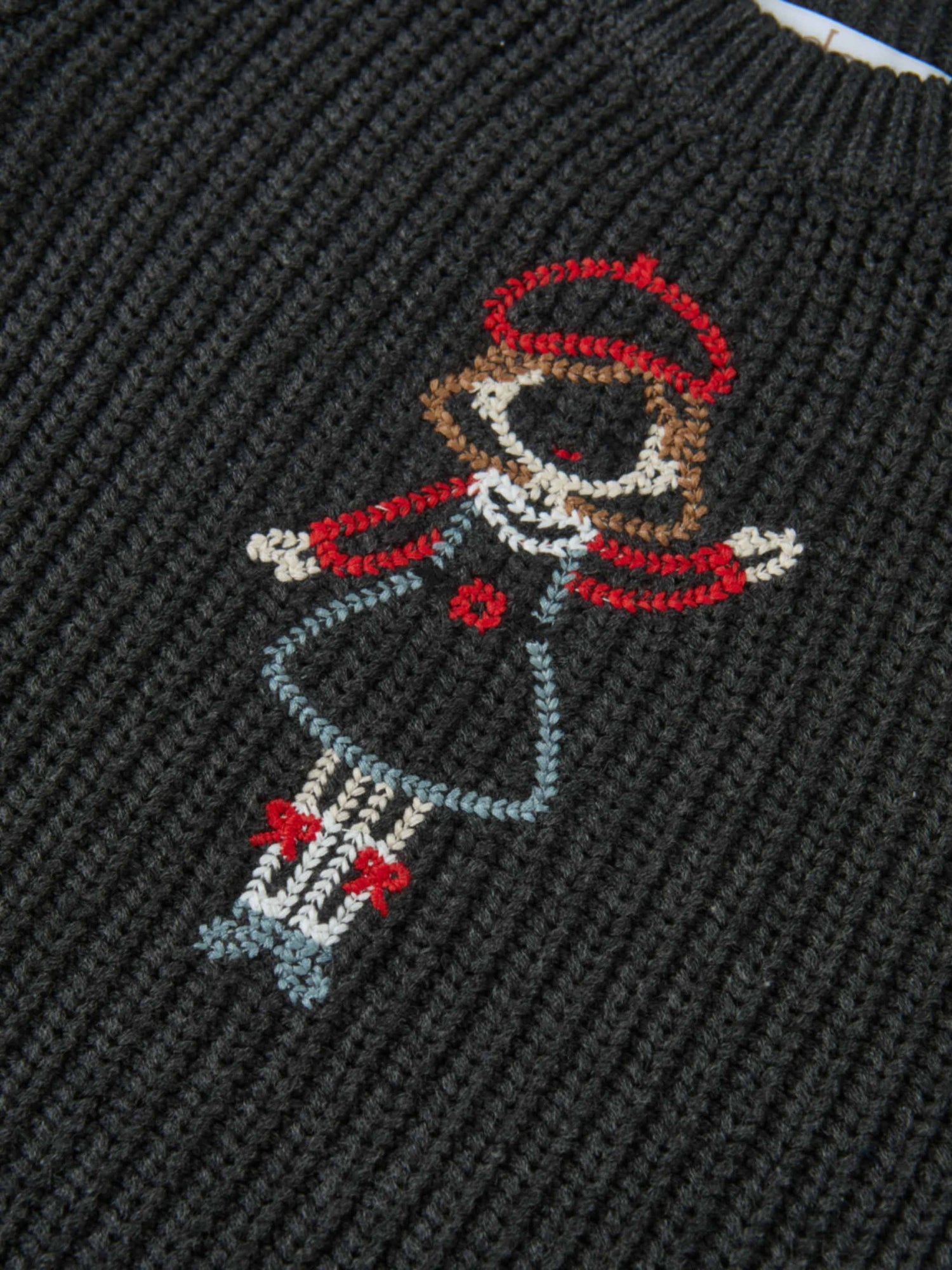 Knit Girl Sweater in Grey with colorful embroidered character design