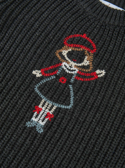 Knit Girl Sweater in Grey with colorful embroidered character design