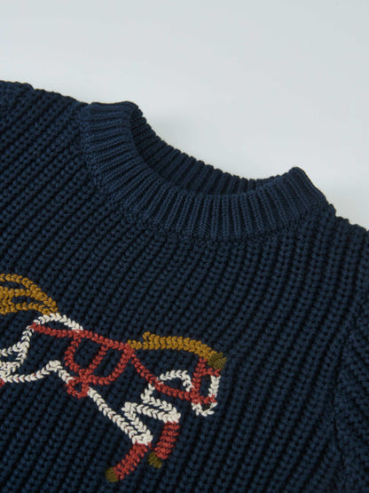 Knit Horse Sweater Navy, Adee unisex top with colorful horse motif