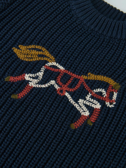 Knit horse sweater navy with yellow, white and red embroidery motif; unisex top