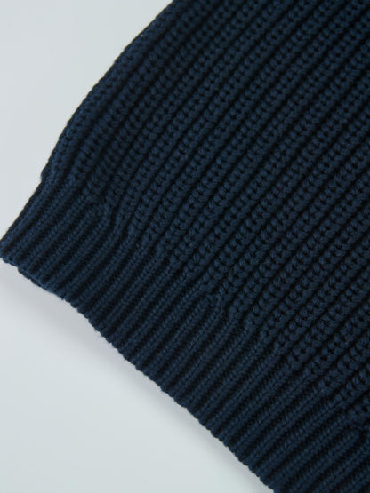 Knit Horse Sweater navy knit fabric close-up showing dense ribbed texture; unisex top for layering for everyday wear.