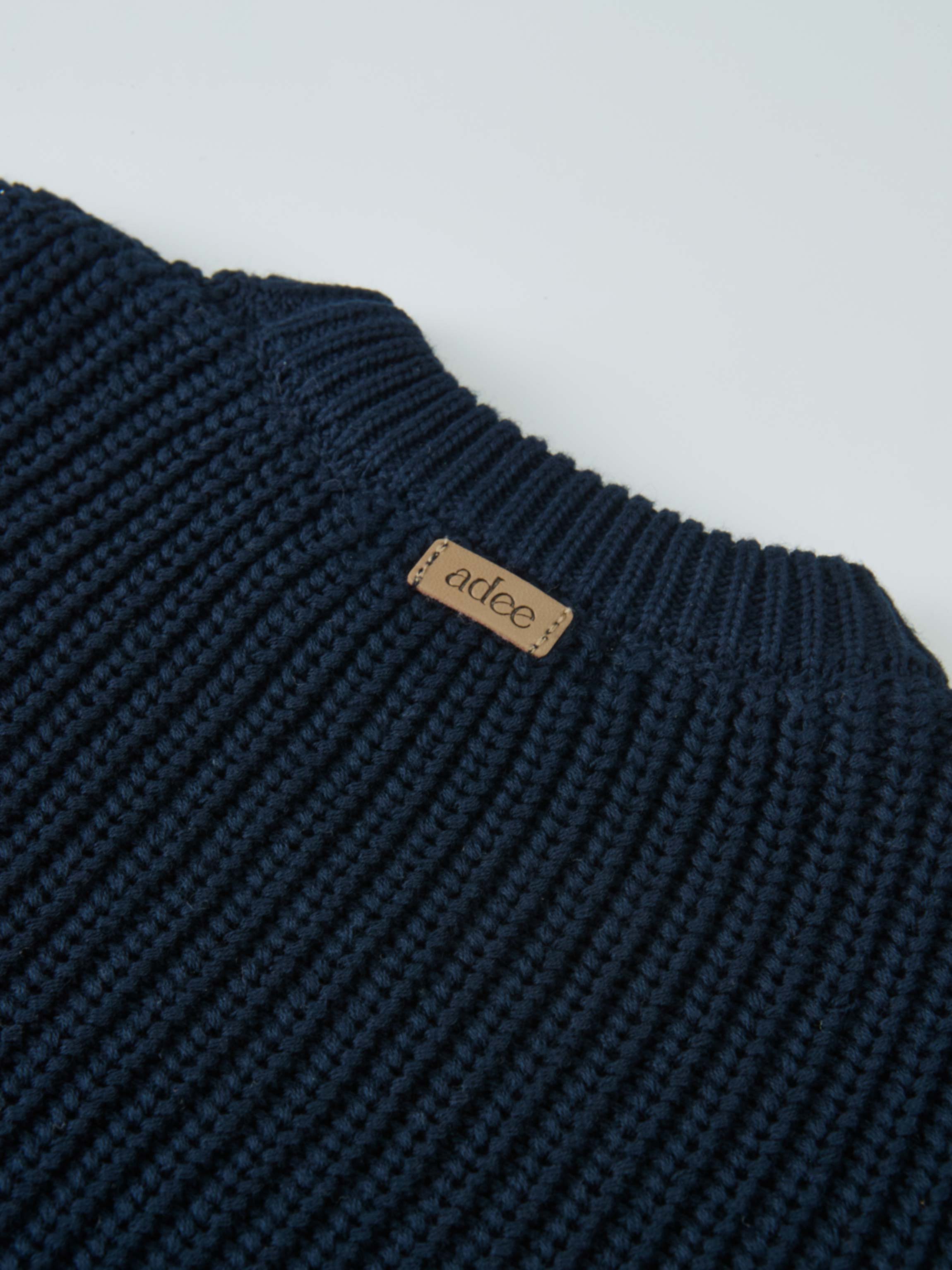Knit Horse Sweater Navy, unisex knit top with ribbed collar and Adee tag.