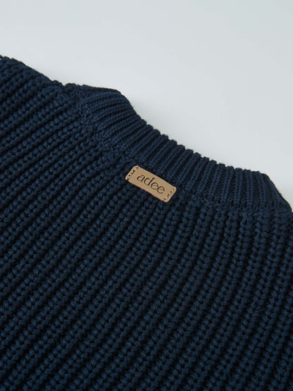 Knit Horse Sweater Navy, unisex knit top with ribbed collar and Adee tag.