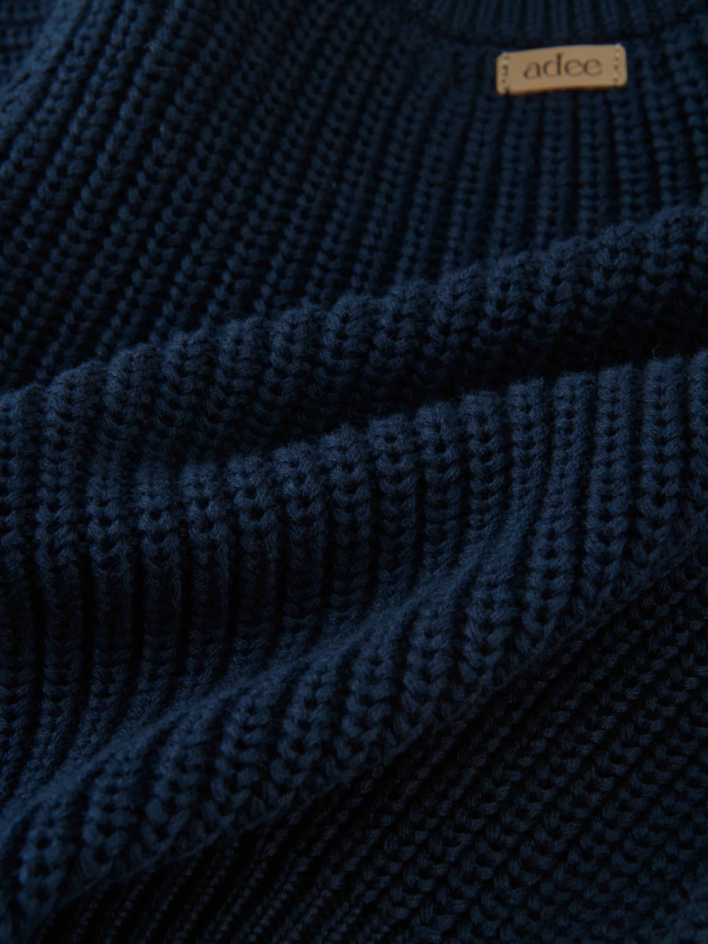 Knit Horse Sweater - Navy; Adee unisex top in navy knit with brand tag.