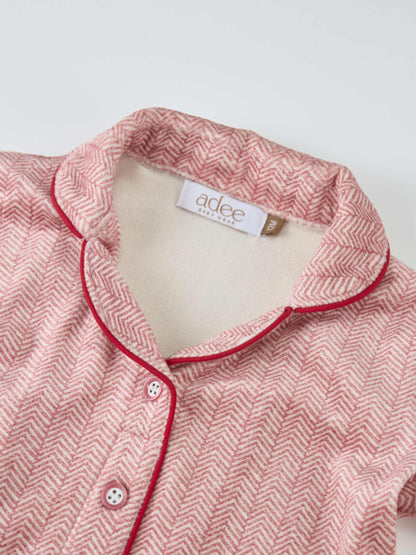 Herringbone Pajamas for girls in red with red piping and pink buttons by Adee