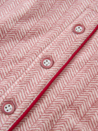 Herringbone Pajamas for girls in red by Adee; pink buttons and red piping.