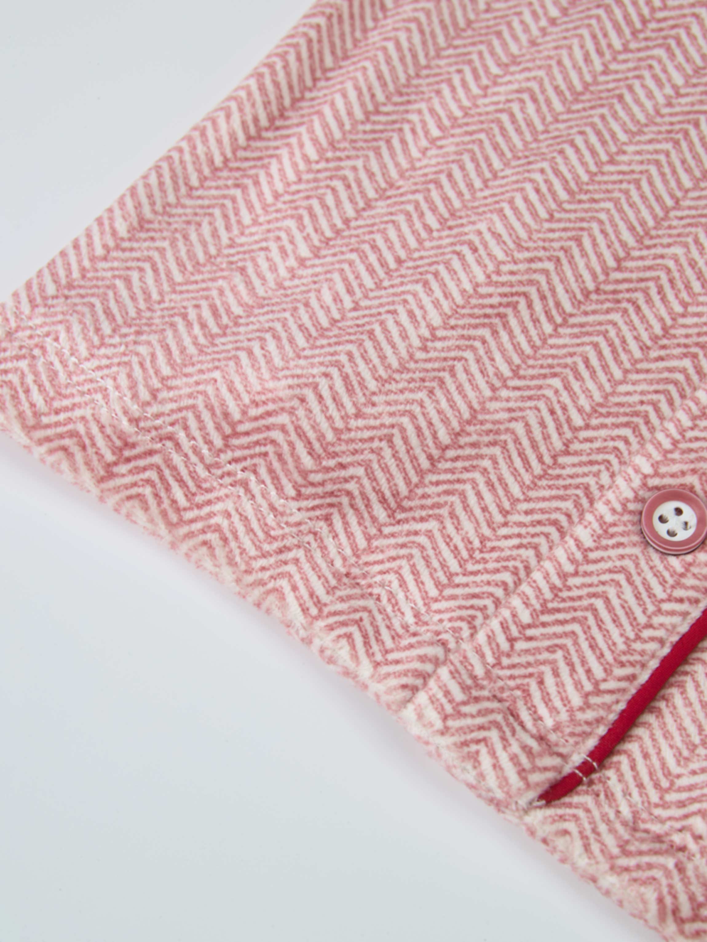 Herringbone Pajamas - Red for girls by Adee, pink-red herringbone fabric with pink piping and buttons