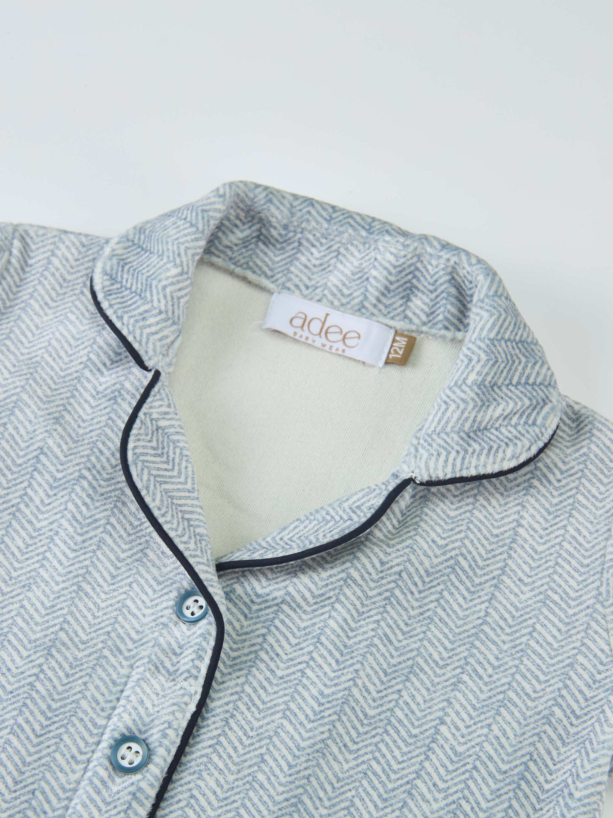 Herringbone Pajamas - Blue for boys, Adee brand with navy piping, size 12M