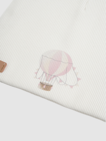 Pink Balloon Beanie for girls by Adee; ribbed knit with pink balloon illustration.