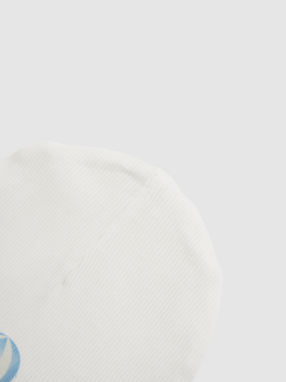 Blue Balloon Beanie for boys; white knit fabric with a blue balloon graphic