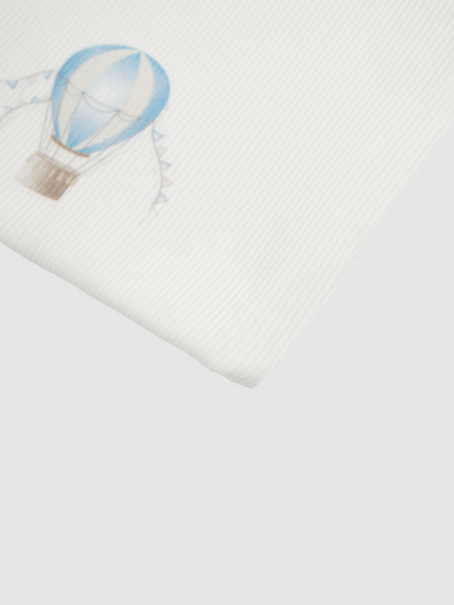Blue Balloon Beanie for boys, white rib-knit fabric with blue balloon graphic