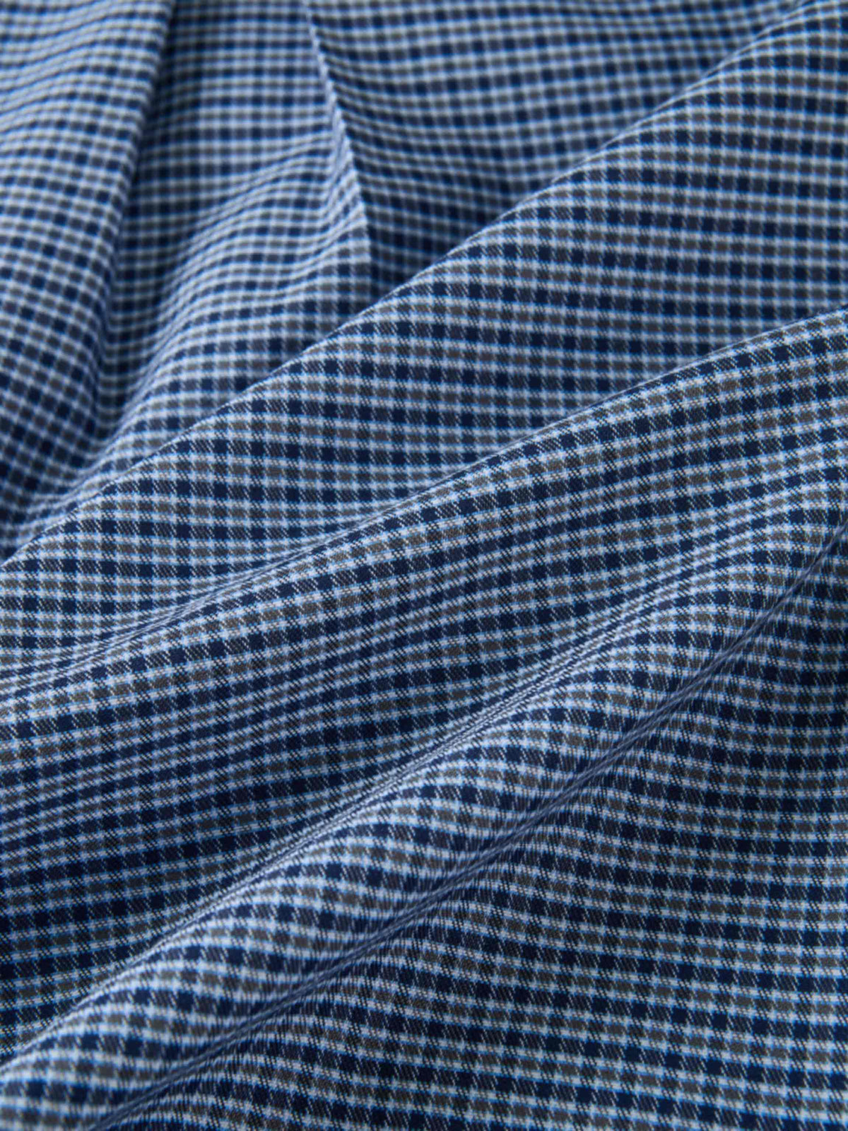 Plaid shirt navy fabric close-up; Adee brand boys dressy top.