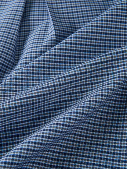 Plaid shirt navy fabric close-up; Adee brand boys dressy top.