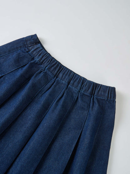 Denim pleated skirt for girls with elastic waistband in blue denim