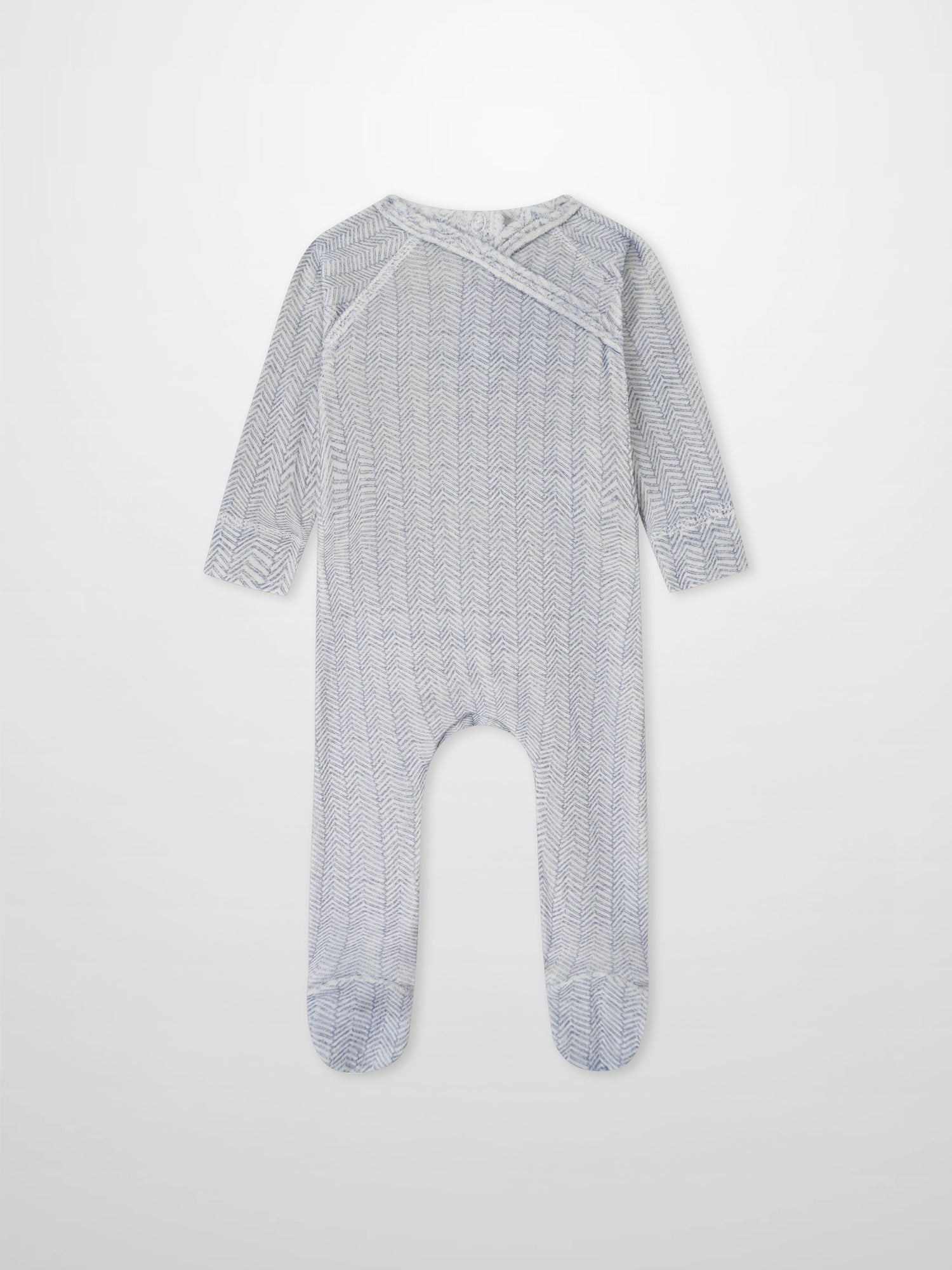 Heritage Herringbone Blue layette set for boys by Adee, blue-gray herringbone print footed romper