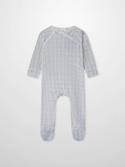 Heritage Herringbone Blue layette set for boys by Adee, blue-gray herringbone print footed romper