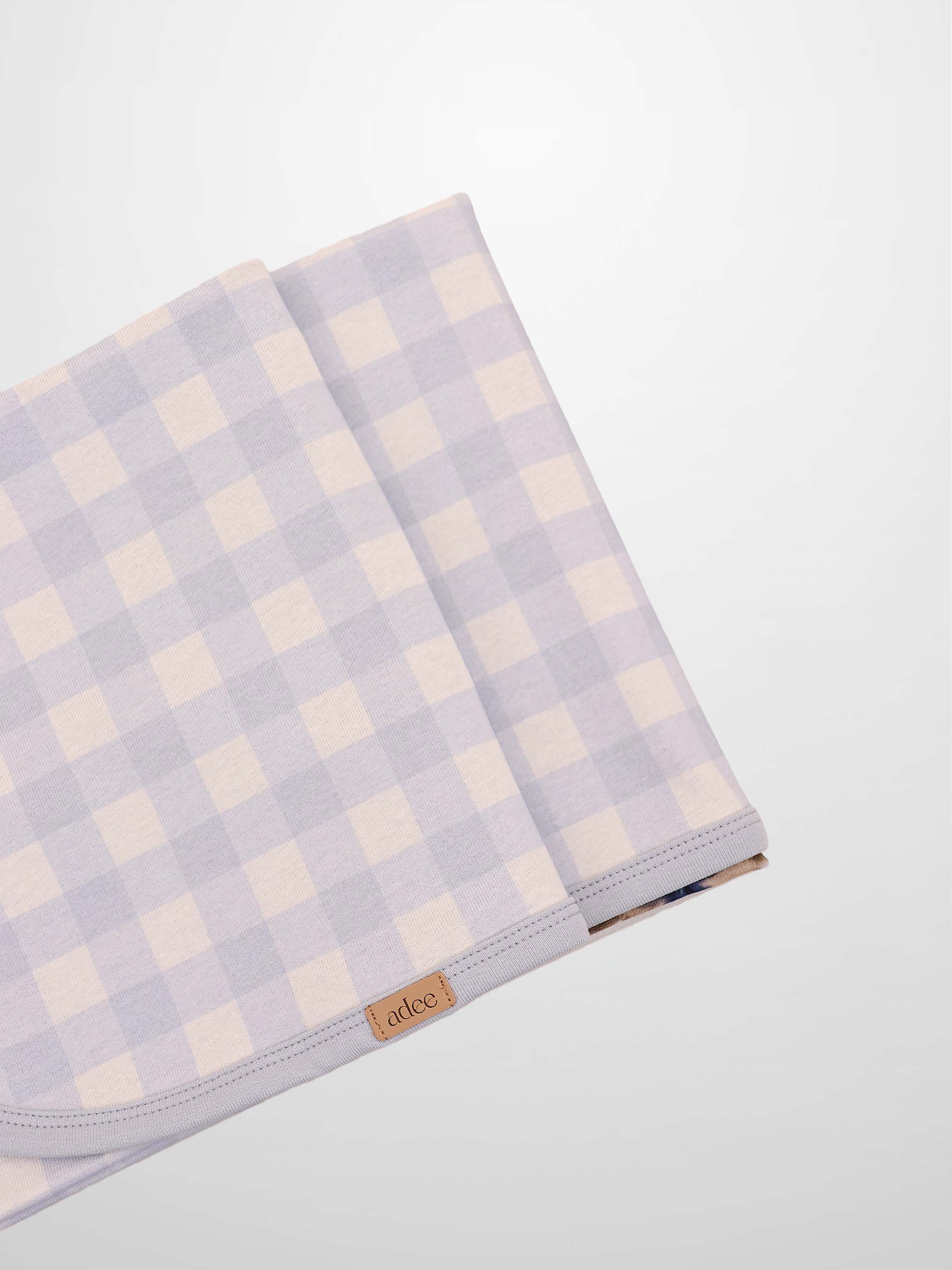 Teddy Frame Blanket swaddle by Adee in lavender and cream gingham check