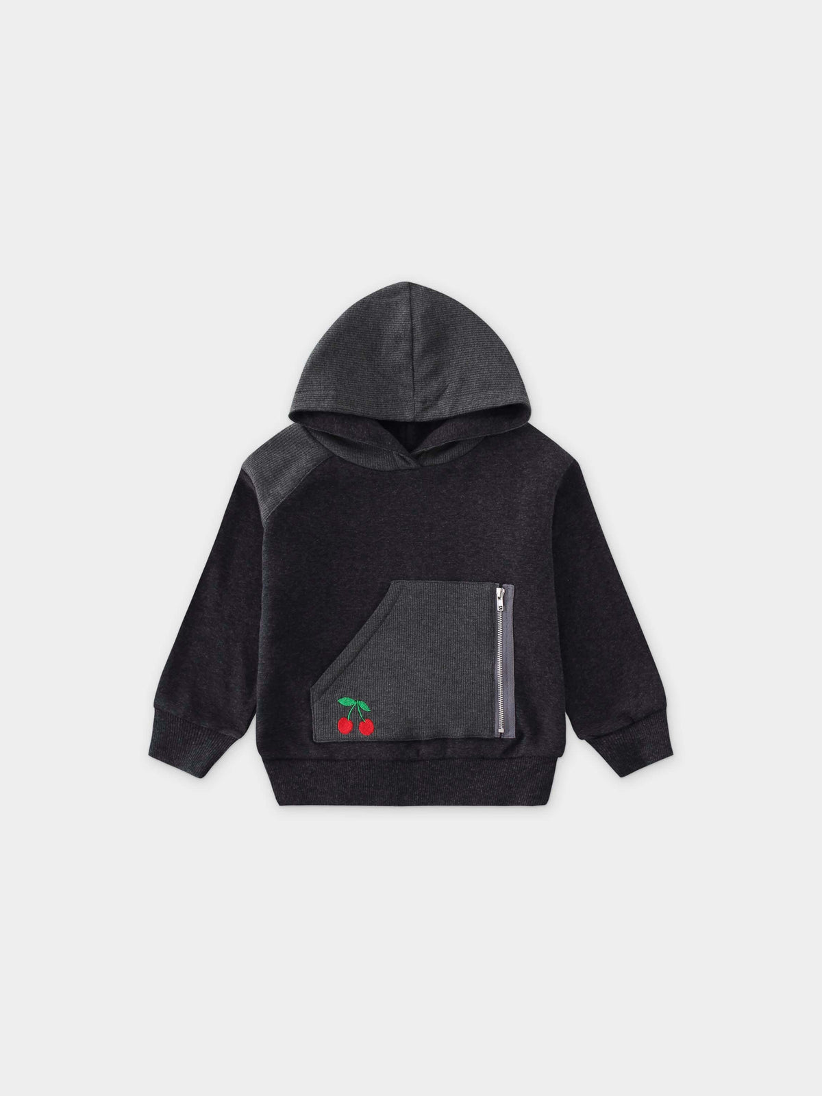Heather grey hoodie with cherry pocket.