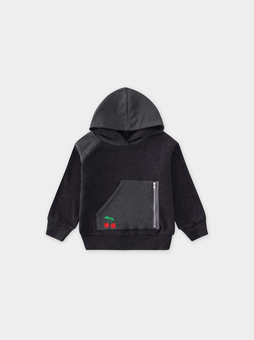 Heather grey hoodie with cherry pocket.
