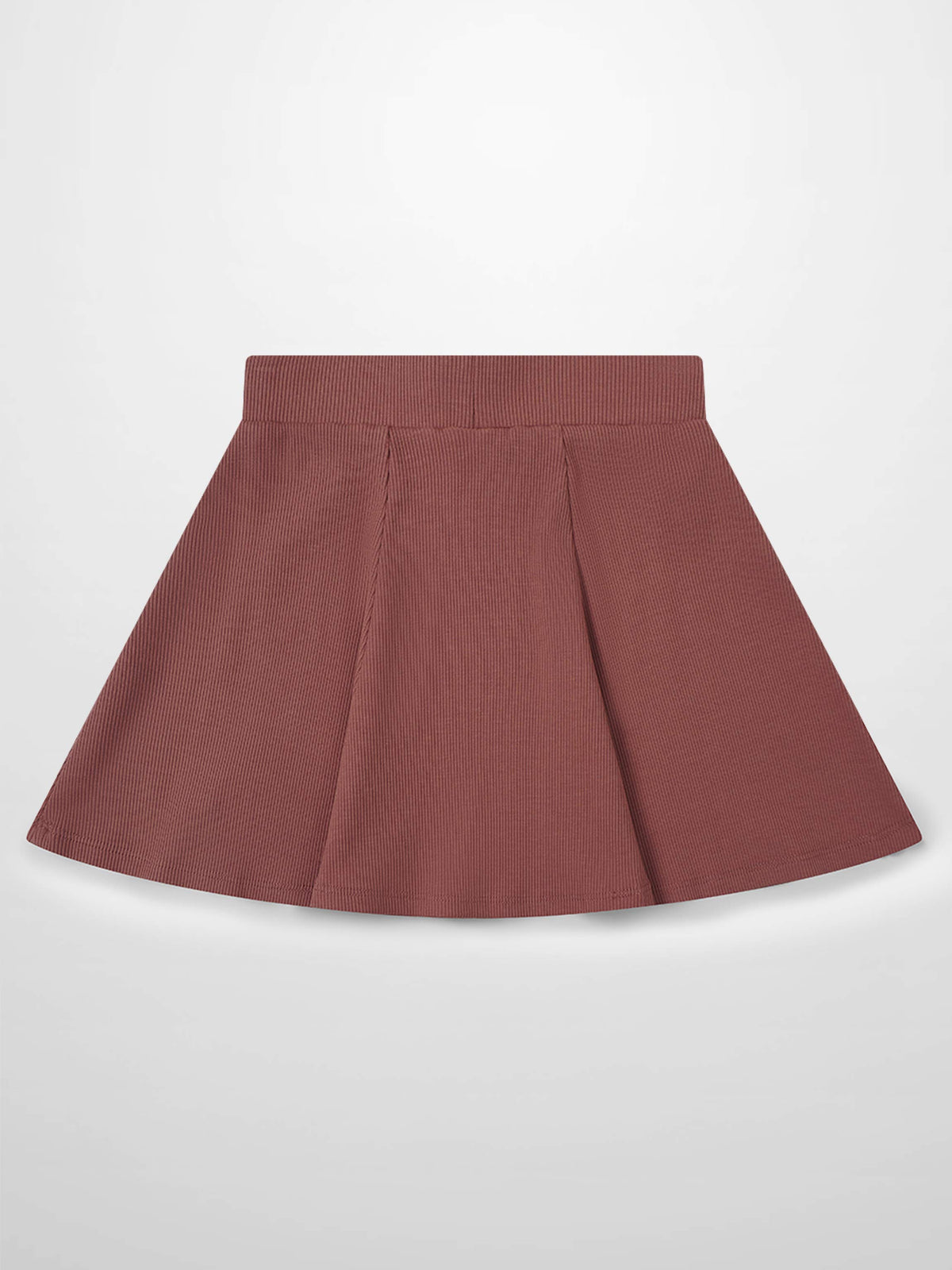 Brick red embossed logo skirt in corduroy-like fabric, A-line silhouette with front panel seams.