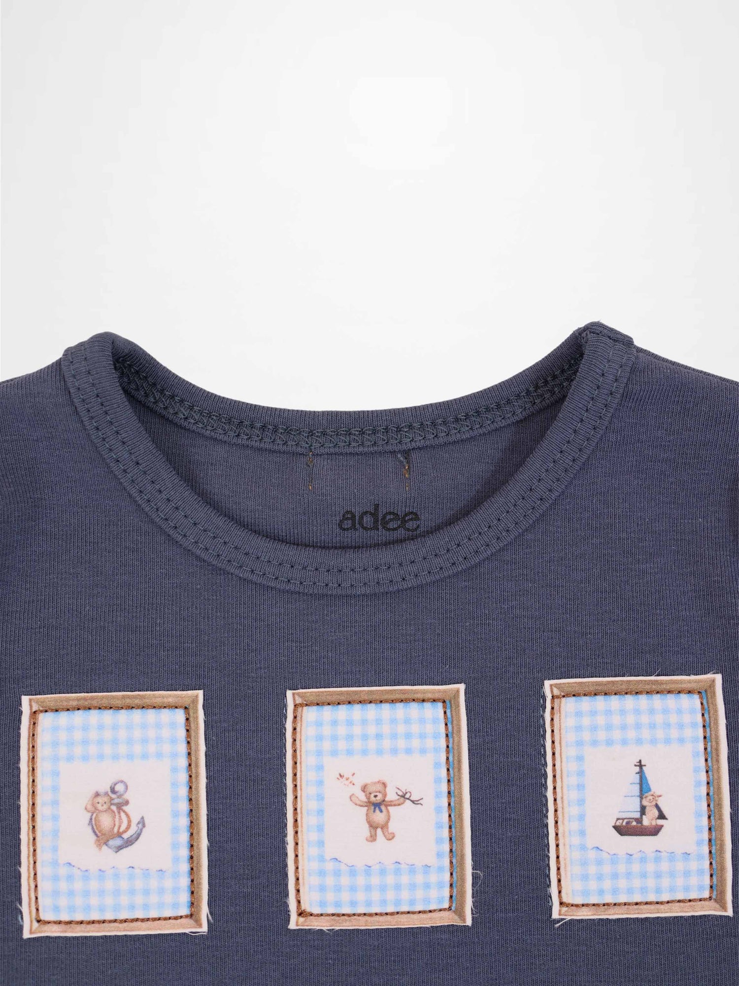 Teddy Frame Set navy boys tee with three framed blue-gingham patches by Adee