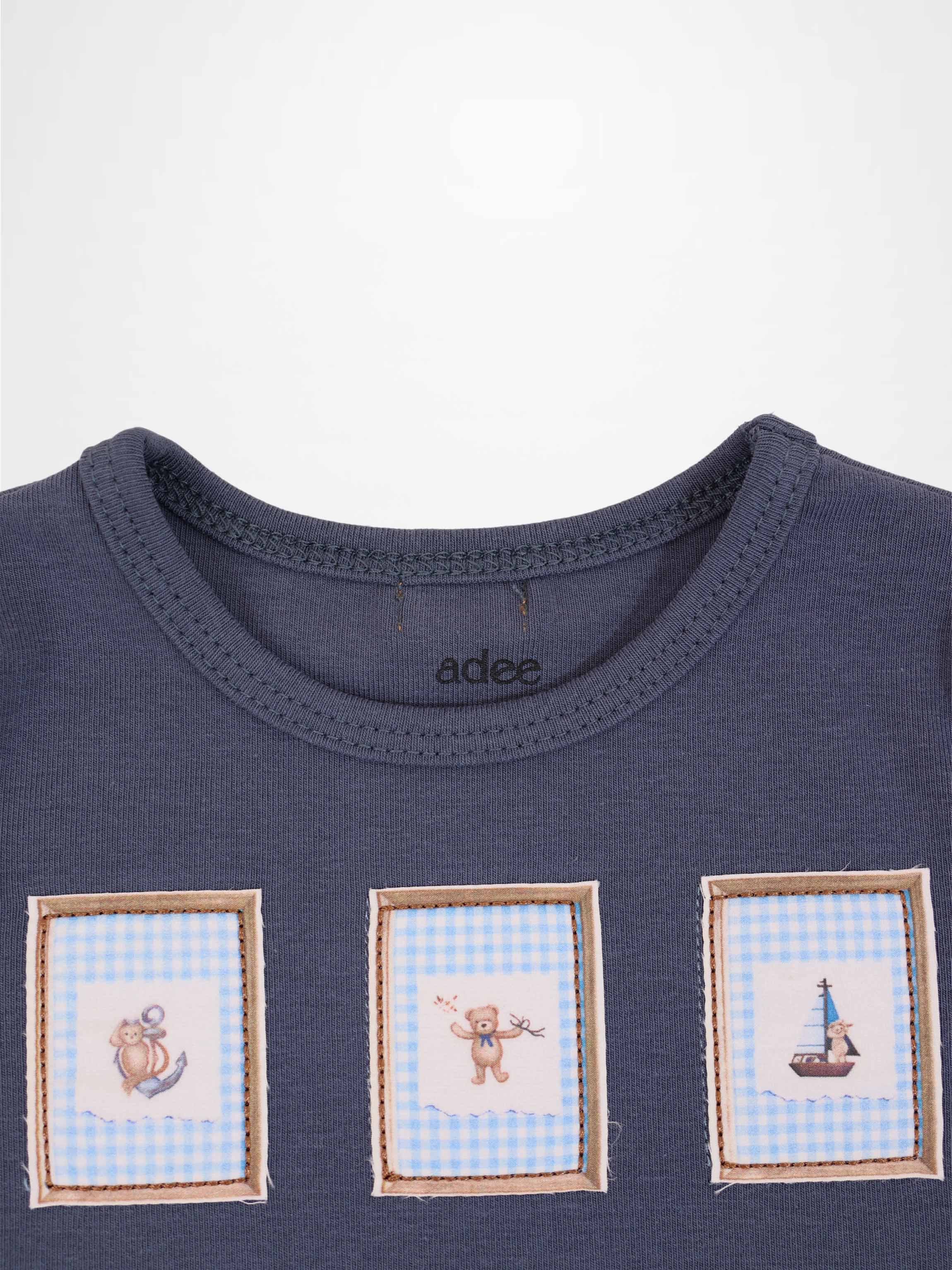 Teddy Frame Set navy boys tee with three framed blue-gingham patches by Adee