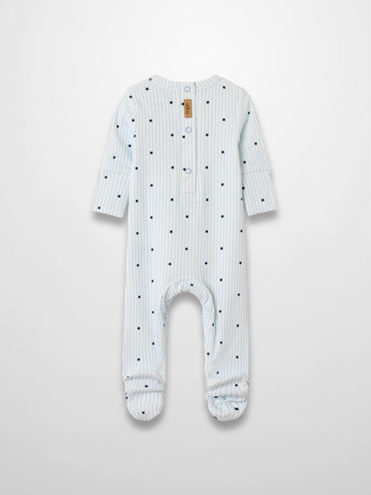 Blue Star Stretchy: light blue and white striped footed romper with scattered navy stars; soft breathable stretch