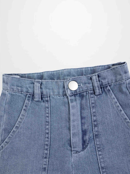 Cuffed denim shorts for boys; light blue denim with belt loops and front pockets.