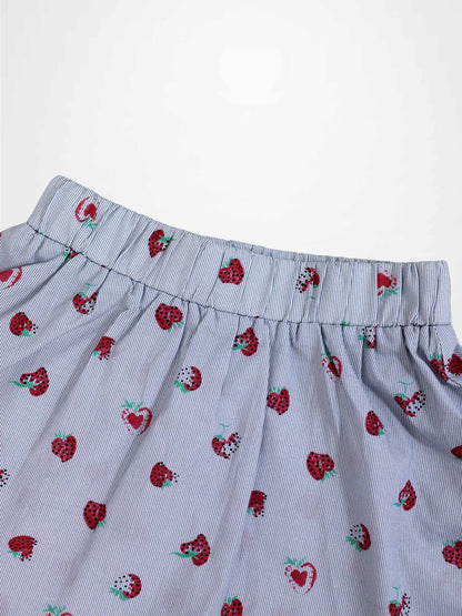 Strawberry print girls skirt with blue pinstripe fabric and elastic waistband