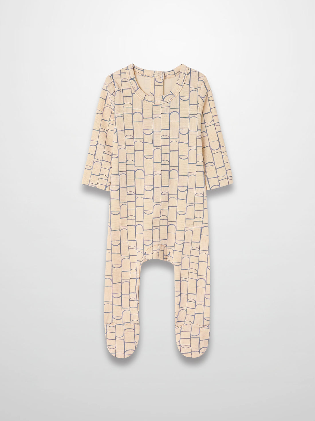 Geometric Crossover Stretchy baby boy jumpsuit in light beige with light-blue rounded-rectangle pattern and footed