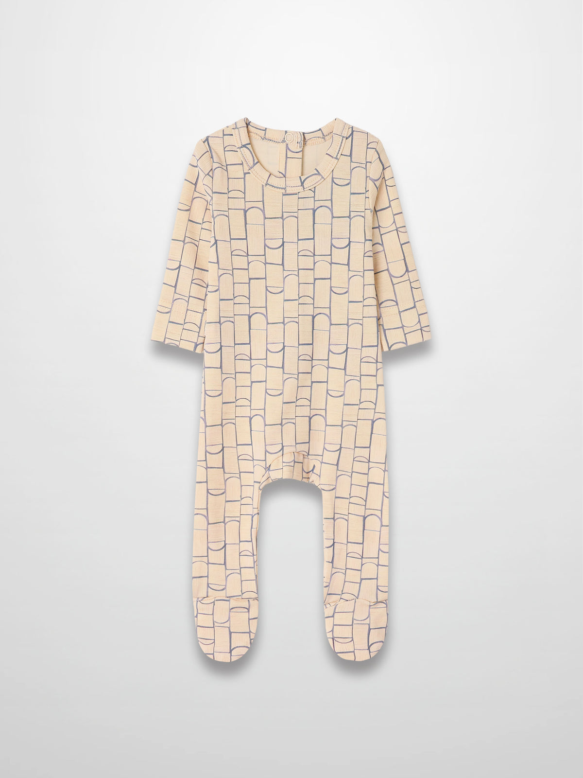 Geometric Crossover Stretchy baby boy jumpsuit in light beige with light-blue rounded-rectangle pattern and footed