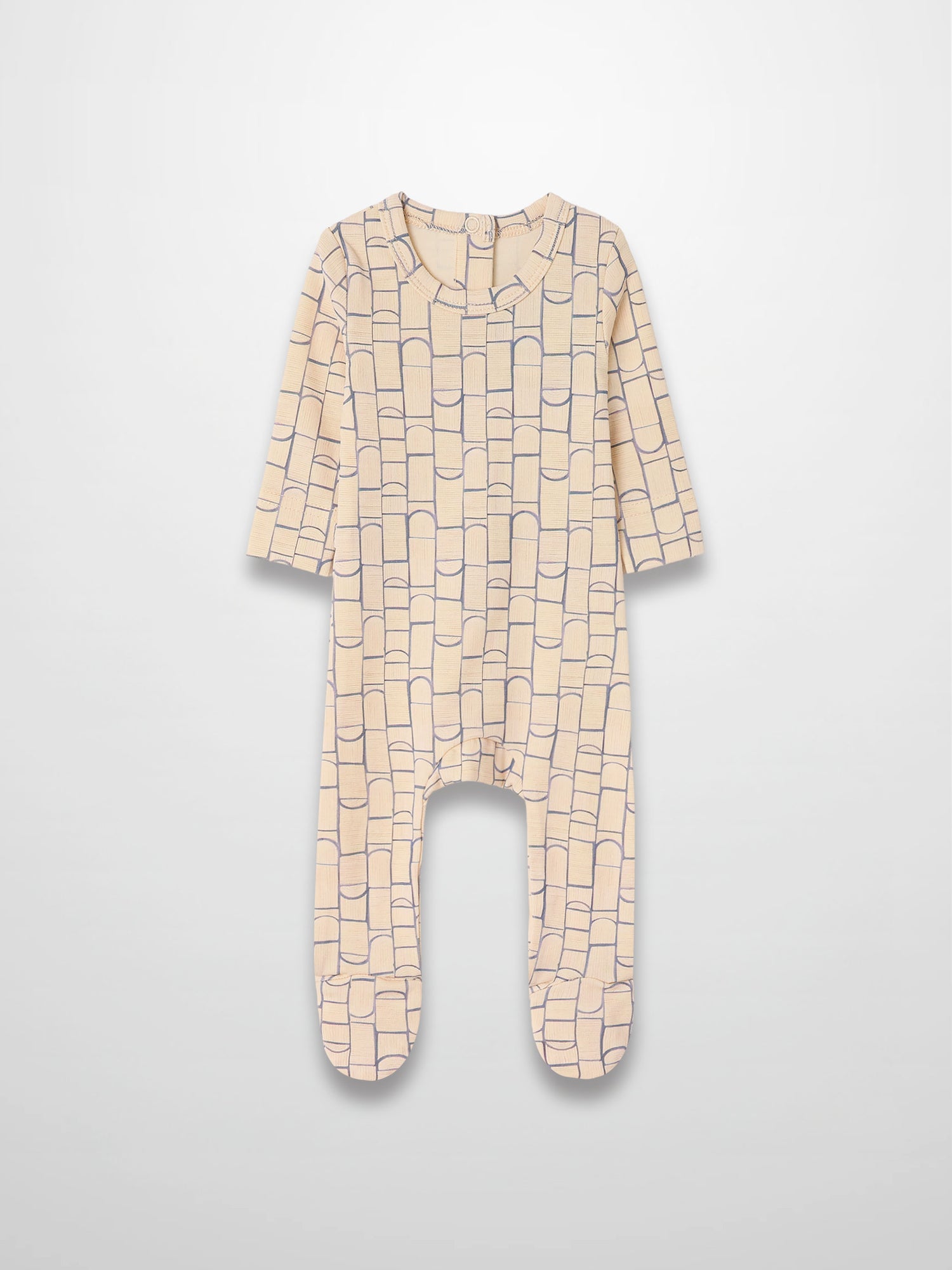 Geometric Crossover Stretchy baby boy jumpsuit in light beige with light-blue rounded-rectangle pattern and footed