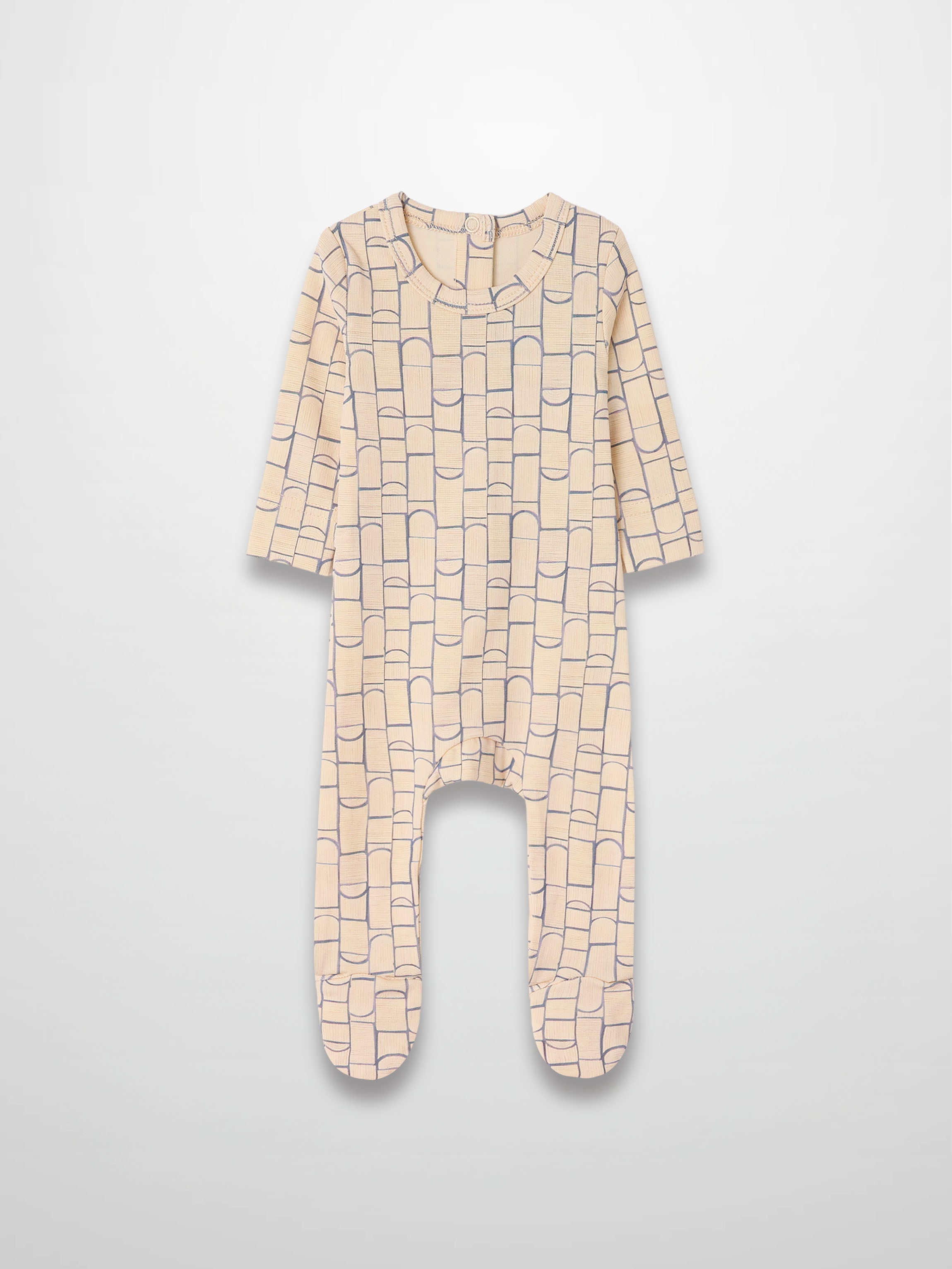 Geometric Crossover Stretchy baby boy jumpsuit in light beige with light-blue rounded-rectangle pattern and footed