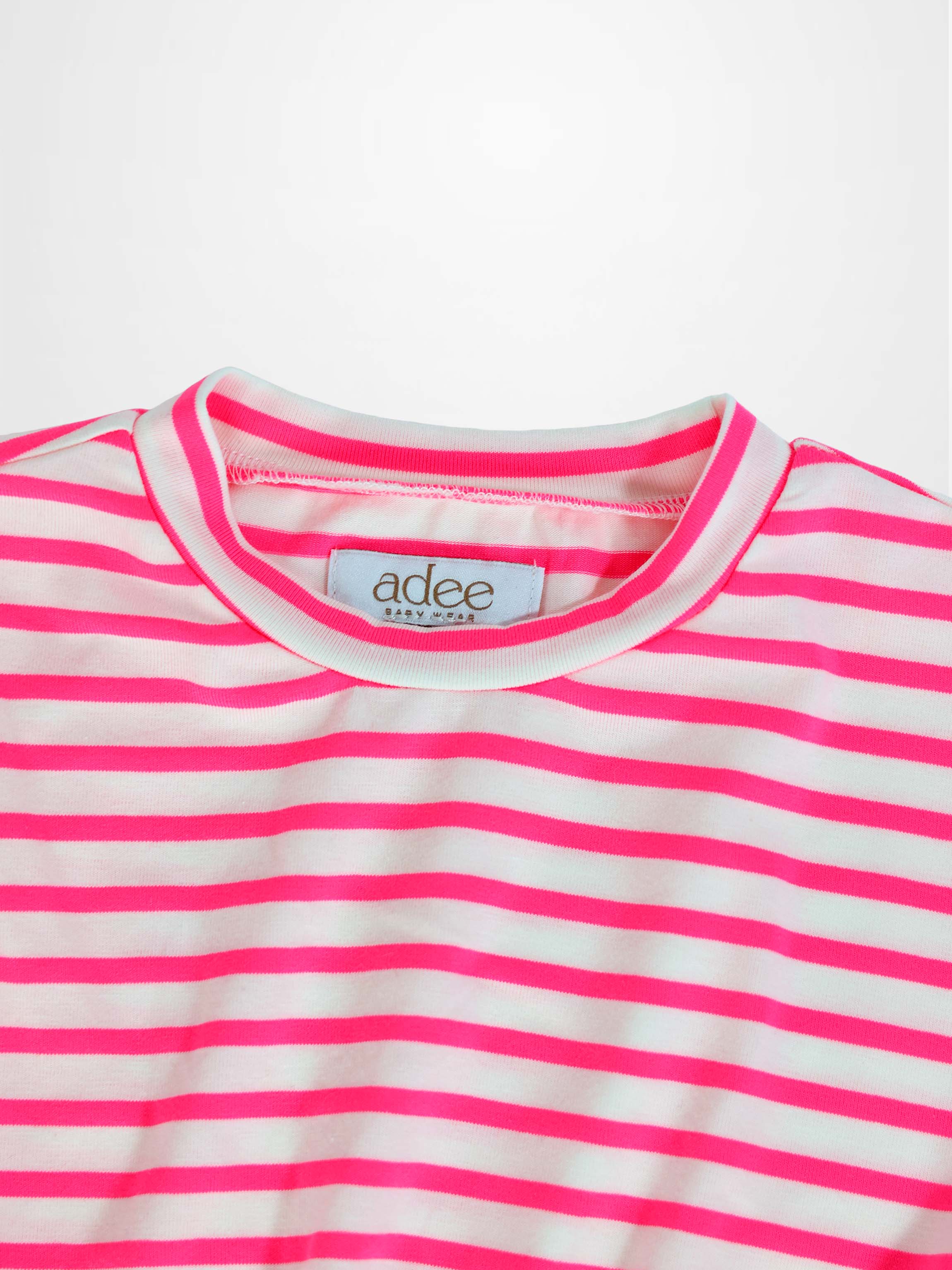 Neon pink striped girls dress by Adee, 3/4 sleeves