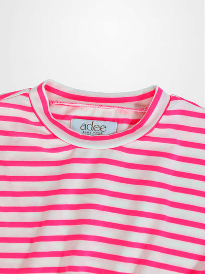 Neon pink striped girls dress by Adee, 3/4 sleeves