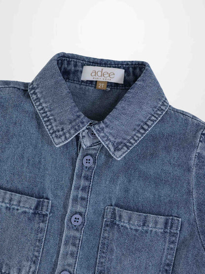 Adee blue denim button-down shirt for boys with chest pockets