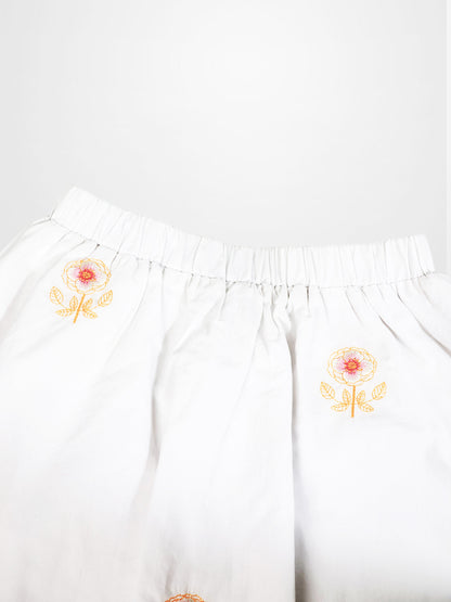 Embroidered Flower Skirt, white cotton girls dressy skirt with two yellow floral embroidery motifs
