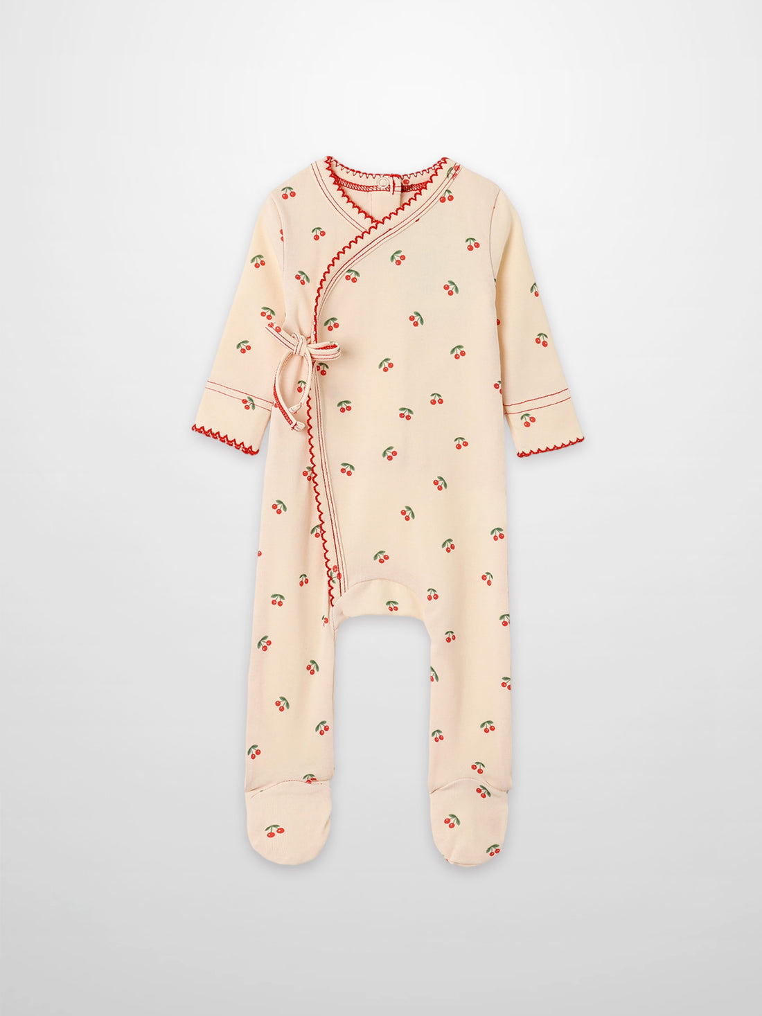 Red Cherry Stretchy by Adee, girls stretchies footed onesie with cream base and cherry print.