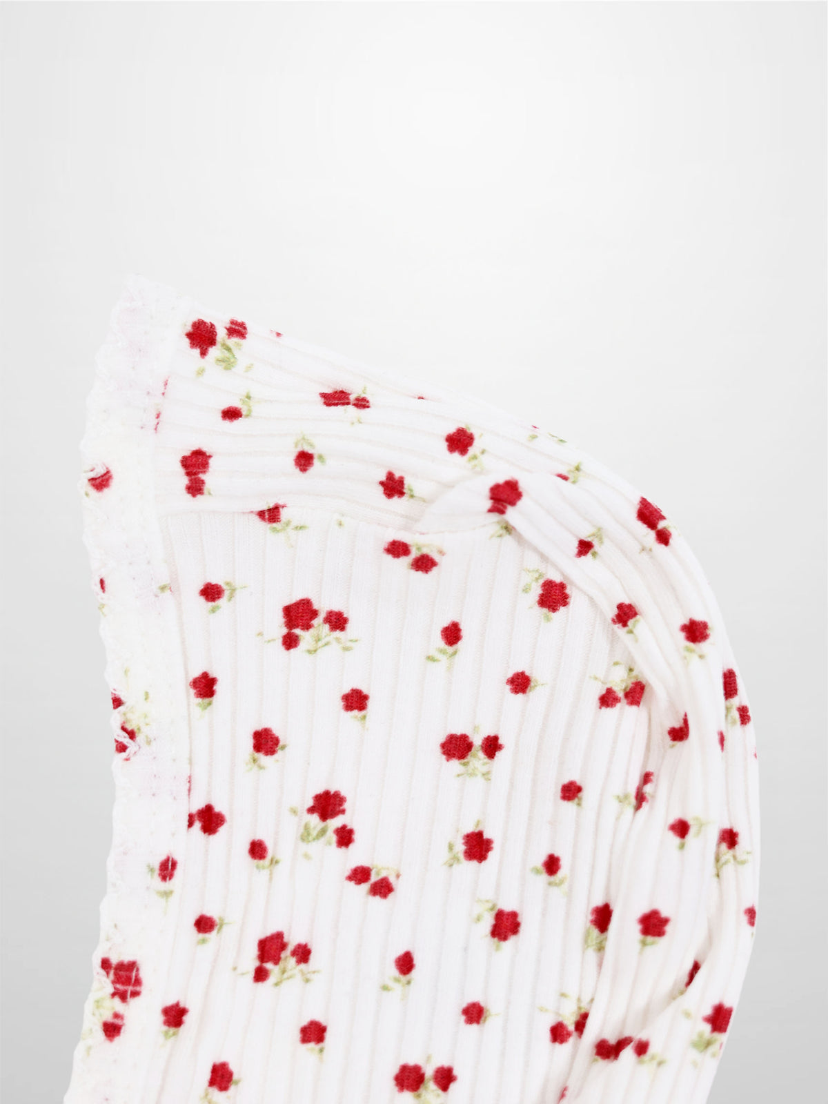 Red Flower Bonnet for girls; white ribbed fabric with delicate red floral print