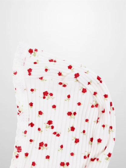 Red Flower Bonnet for girls; white ribbed fabric with delicate red floral print